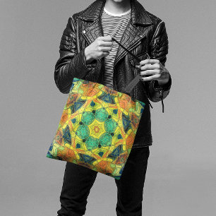 Tote Bag Mosaic Mandala Flower vert jaune bleu et orange