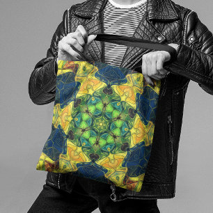 Tote Bag Mosaic Mandala Flower vert jaune et bleu