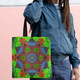 Tote Bag Mosaic Mandala Flower vert rouge et bleu