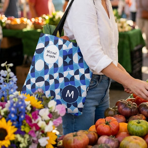 Tote Bag Mosaïque Géométrique Bleue Bauhaus Monogramme Nom