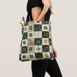 TOTE BAG MOTIF À CARREAUX VERTS AVEC TRÈFLES VERTS ET BLANC