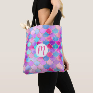 Tote Bag Motif à échelle de sirène rose, violet et aqua