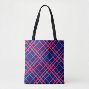 Tote Bag Motif à lignes à carreaux rose sur bleu 