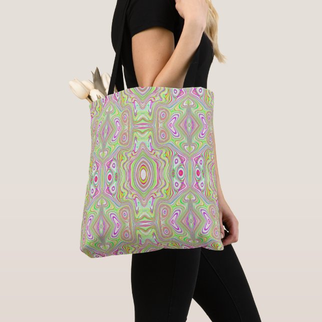 Tote Bag Motif Abstrait Trippy Retro Rose et Lime Green (De près)