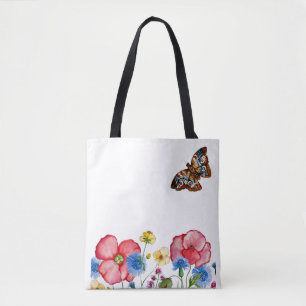 Tote Bag Motif aquarelle avec fleurs sauvages dessinés à la