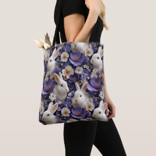 Tote Bag Motif aux lapins blancs et fleurs violettes