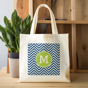 Tote Bag Motif blanc Chevron de marine avec Monogramme vert