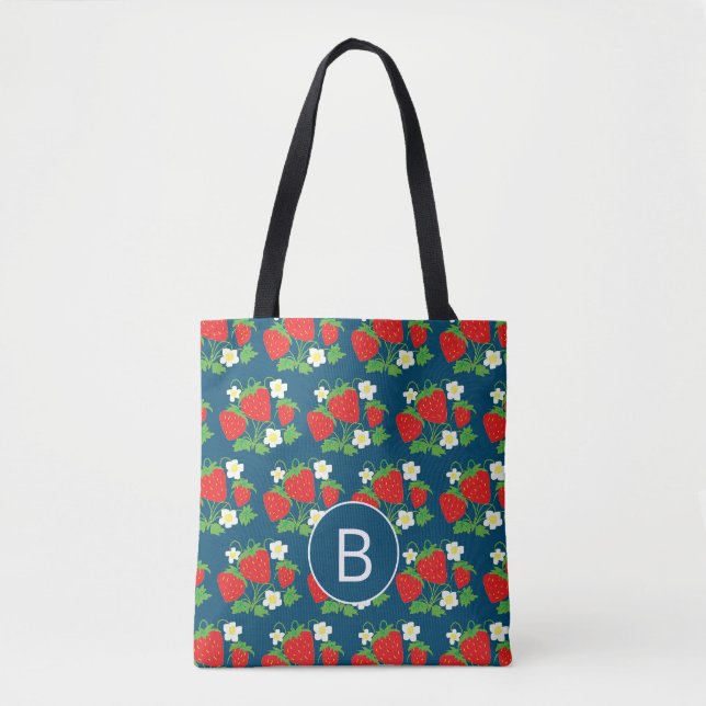 Tote Bag Motif bleu fraise et fleur Monogramme (Devant)