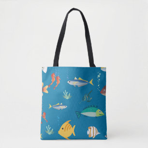 Tote Bag Motif bleu illustré de poissons et d'hippocampes m