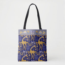Tote Bag Motif Boho Giraffe Or Bleu