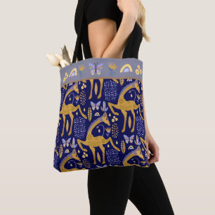 Tote Bag Motif Boho Giraffe Or Bleu