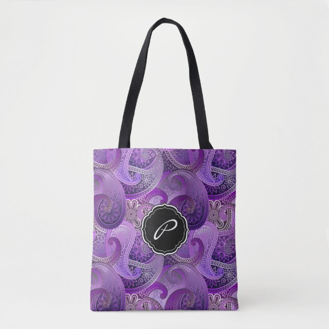 Tote Bag Motif Boho Purple Paisley avec Monogramme (Devant)