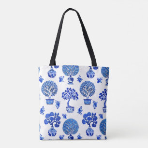 Tote Bag Motif Bonsai Trees en Bleu et Blanc Cobalt