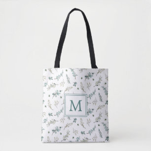 Tote Bag Motif botanique d'eucalyptus à l'aquarelle Monogra