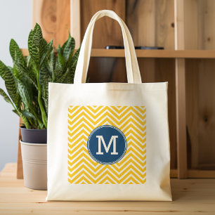 Tote Bag Motif Chevron jaune et bleu avec Monogramme