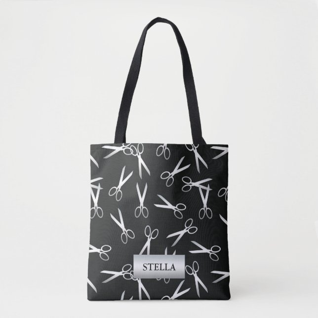 Tote Bag Motif ciseaux argent | Nom personnalisé (Devant)