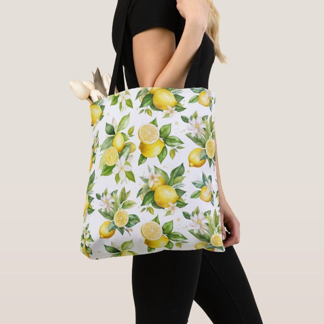 Tote Bag Motif citron, Fleurs de citron, Feuilles, Citrus (De près)