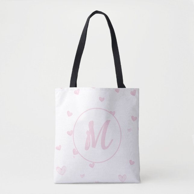 Tote Bag Motif Coeur rose Fille Romantique Monogramme (Devant)