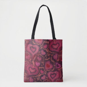 Tote Bag motif "Coeurs", rouge, bordeaux & rose, fibre art
