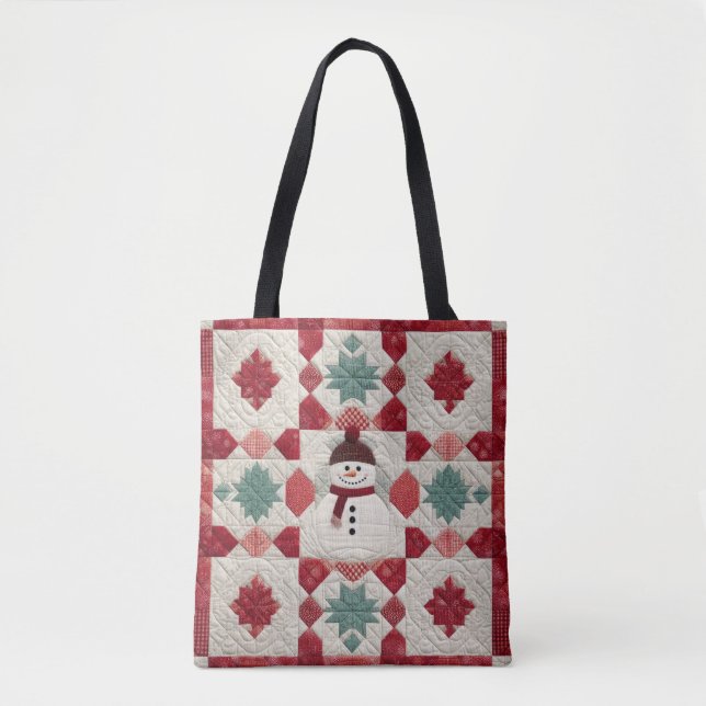 Tote Bag Motif courbé Snowman Rouge Blanc Vert (Devant)