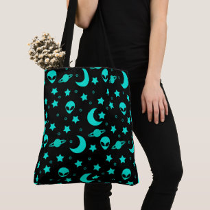 Tote Bag Motif d'alien turquoise avec étoiles et lunes