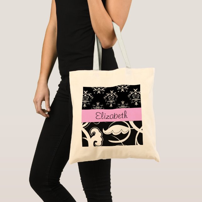 Tote Bag Motif Damas, Damas noir et blanc, Votre nom (Devant (produit))