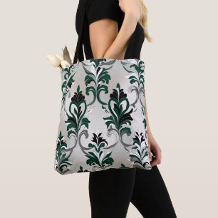 Tote Bag Motif damassé vert, argent et noir