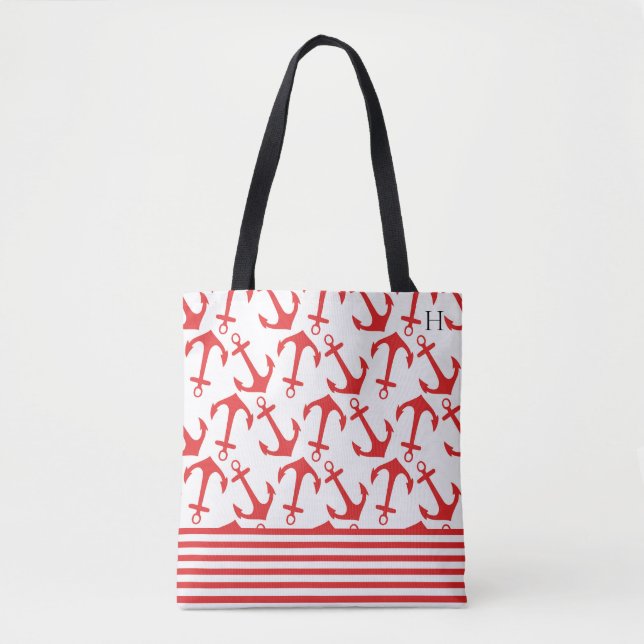 Tote Bag Motif d'ancre rouge côtier chic avec monogramme (Devant)