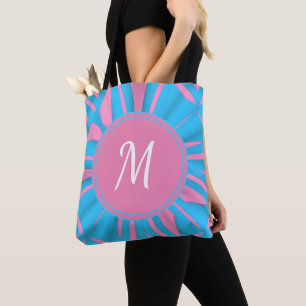 Tote Bag Motif d'aquarelle bleu rose monogramme Personnalis