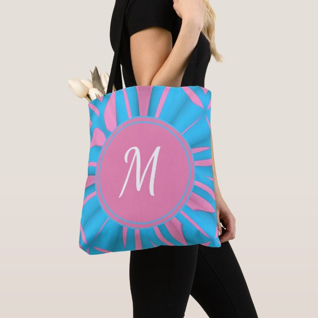 Tote Bag Motif d'aquarelle bleu rose monogramme Personnalis (De près)