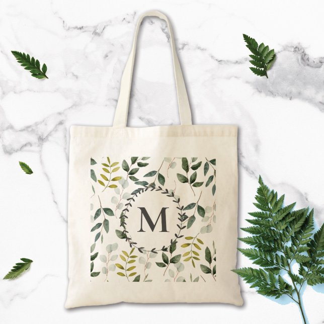 Tote Bag Motif d'aquarelle Feuille vert monogramme (Close up photo)