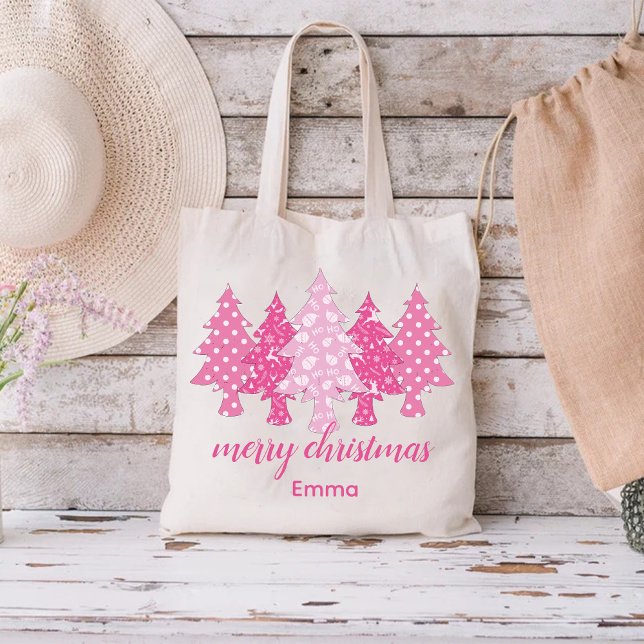Tote Bag Motif d'arbre de Noël rose avec un nom élégant (Pink Christmas Tree Pattern with Elegant Name Tote Bag)