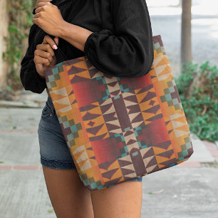 Tote Bag Motif d'art tribal bleu sarcelle rouge marron oran