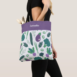 Tote Bag Motif d'aubergine et de brocoli avec nom Purple