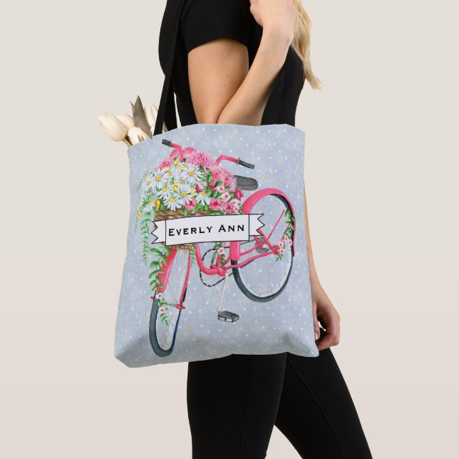 Tote Bag Motif de bicyclette rose rétro Panier (De près)