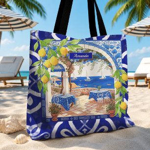 Tote Bag Motif de carreaux de citrus en majolique bleue sic