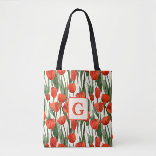 Tote Bag Motif de champ de tulipe rouge monogramme personna