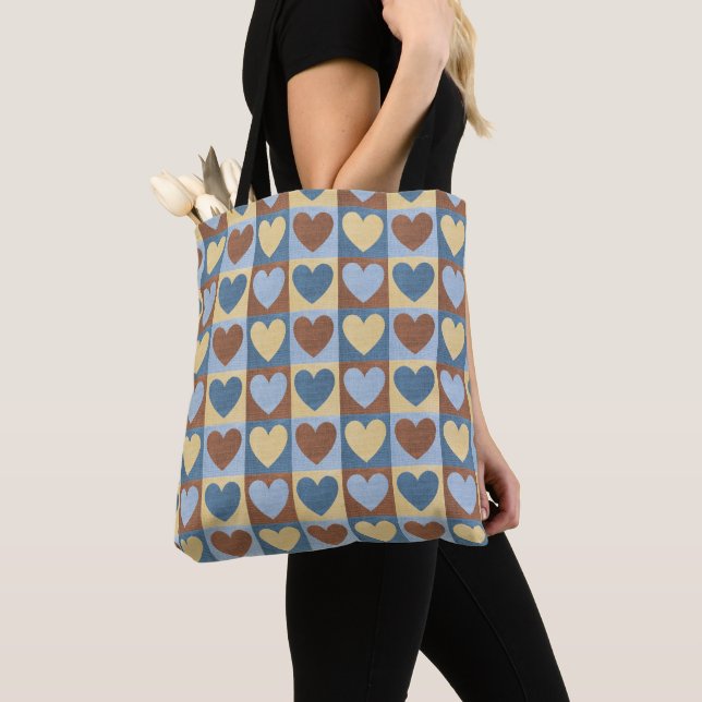 Tote Bag Motif de Coeurs bleu jaune rétro (De près)