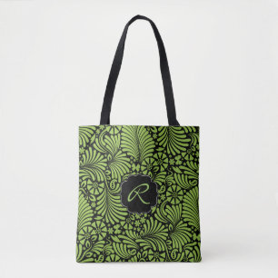 Tote Bag Motif de Damas Tropical vert avec Monogramme