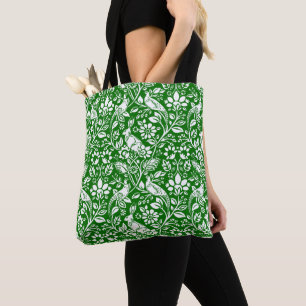 Tote Bag Motif de faisan et lièvre, vert émeraude et blanc