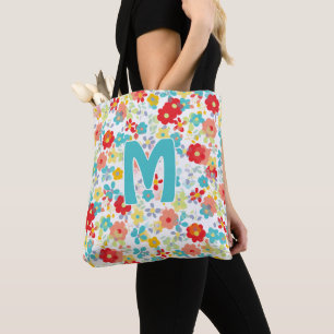 Tote Bag Motif de fleur personnalisé bleu aqua rose