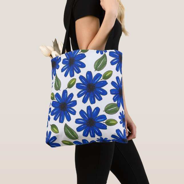 Tote Bag Motif de fleurs bleues dessinées à la main (De près)
