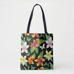 Tote Bag Motif de fleurs et papillons tropicaux