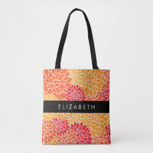 Tote Bag Motif De Fleurs, Orange Dahlia, Votre Nom