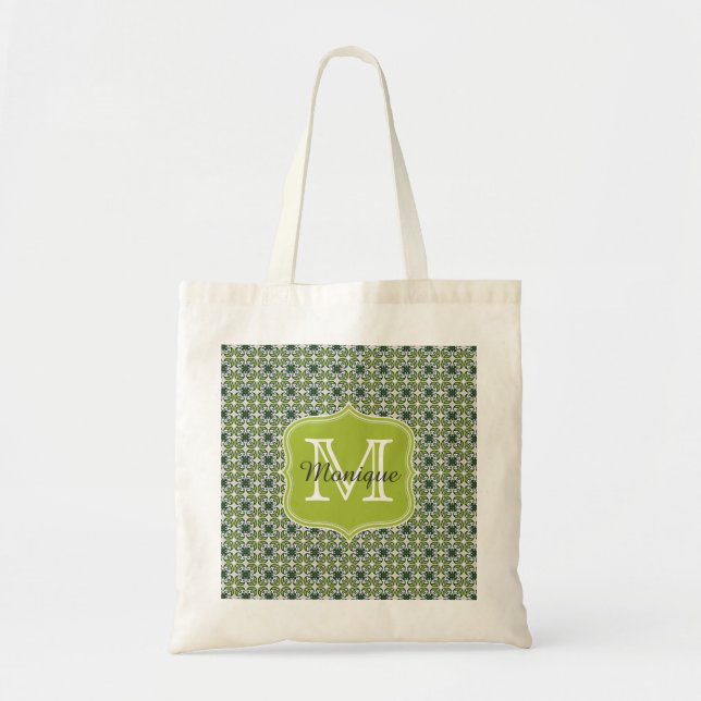 Tote Bag Motif de fleurs vertes Monogrammes (Devant)