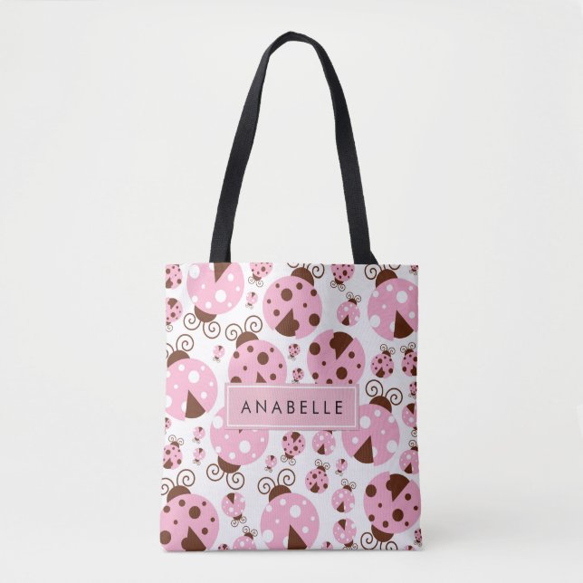 Tote Bag Motif De Ladybugs, Ladybugs Rose, Votre Nom (Devant)