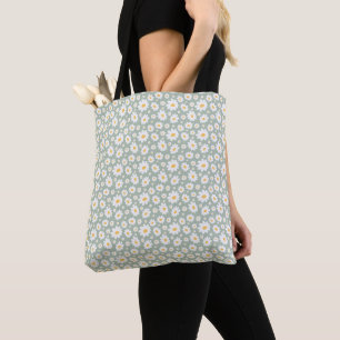 Tote Bag Motif de Marguerite Dessiné à la Main Vert Sauge