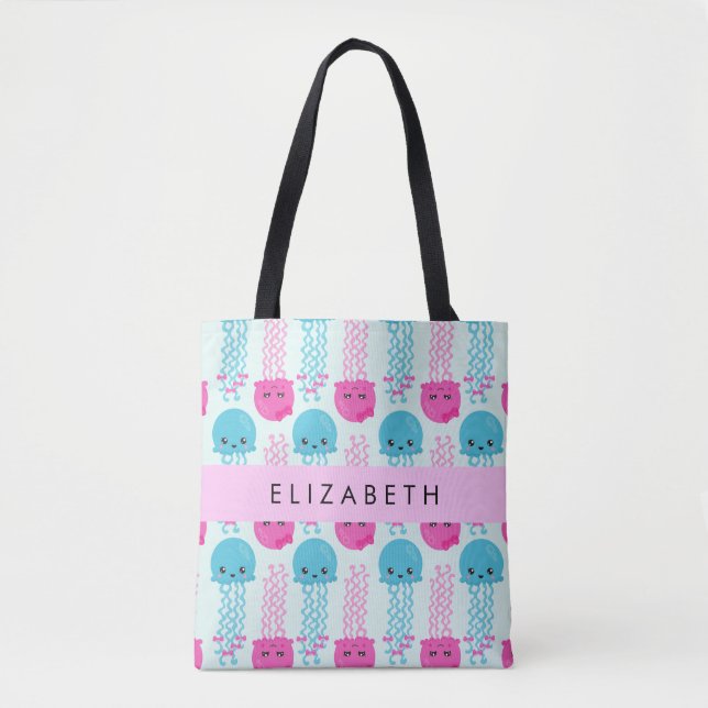 Tote Bag Motif de méduses, Mignonne méduse, Mer, Votre nom (Devant)