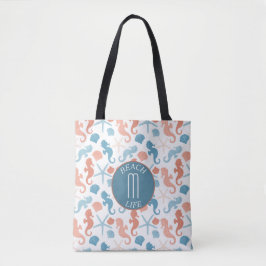 Tote Bag Motif de monogramme marin bleu corail