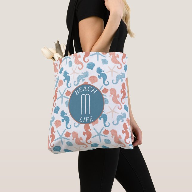Tote Bag Motif de monogramme marin bleu corail (De près)